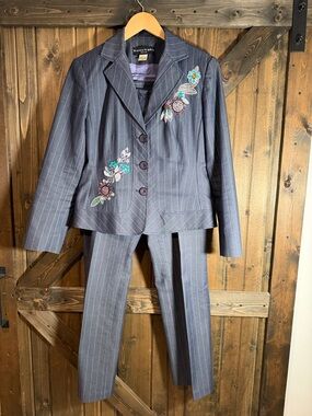 Women's Pinstripe Embroidered Gray Suit - Two-Piece Blazer & Trousers